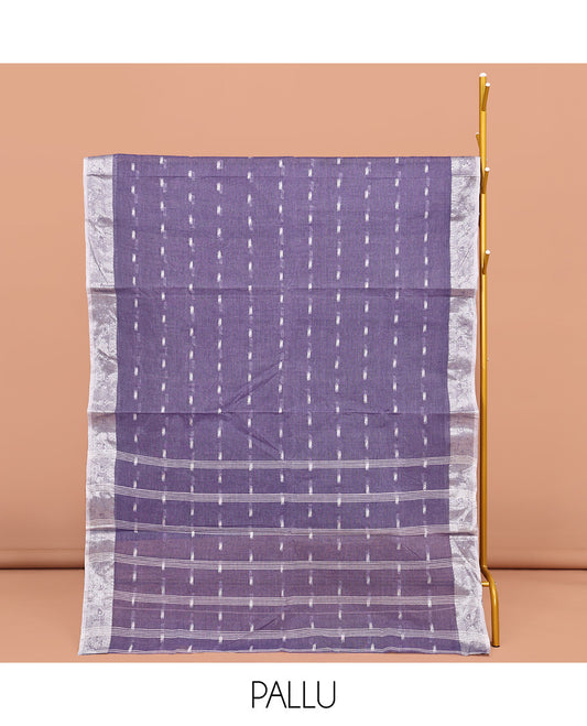 Lavender Bengal Cotton Saree, Enthralled with Buttas All Over Its Body, Complemented by a Contrast Paisley Zari Design Border, Pallu of Stripes, and Paired with a Matching Blouse