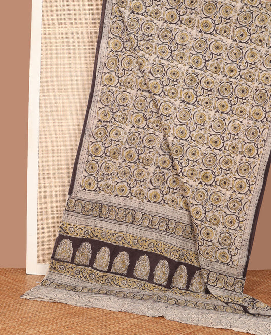 Light sandal floral vine machine-printed kalamkari cotton saree, printed border & printed pallu