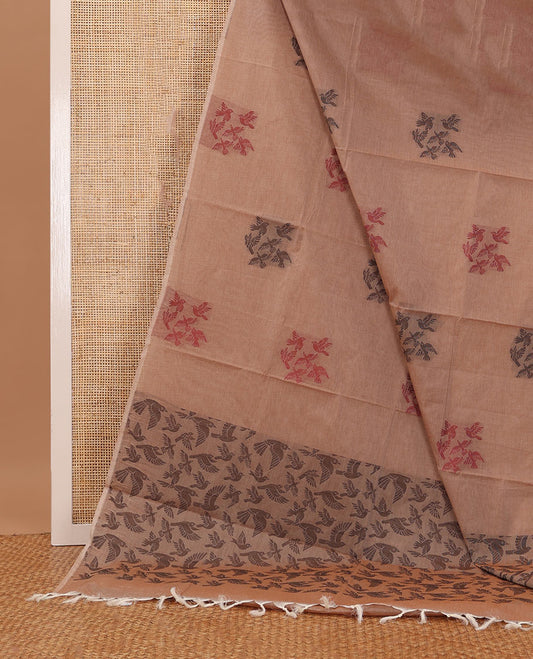 Borderless sandal bird motifs Coimbatore cotton saree, pallu steeped with bird motifs