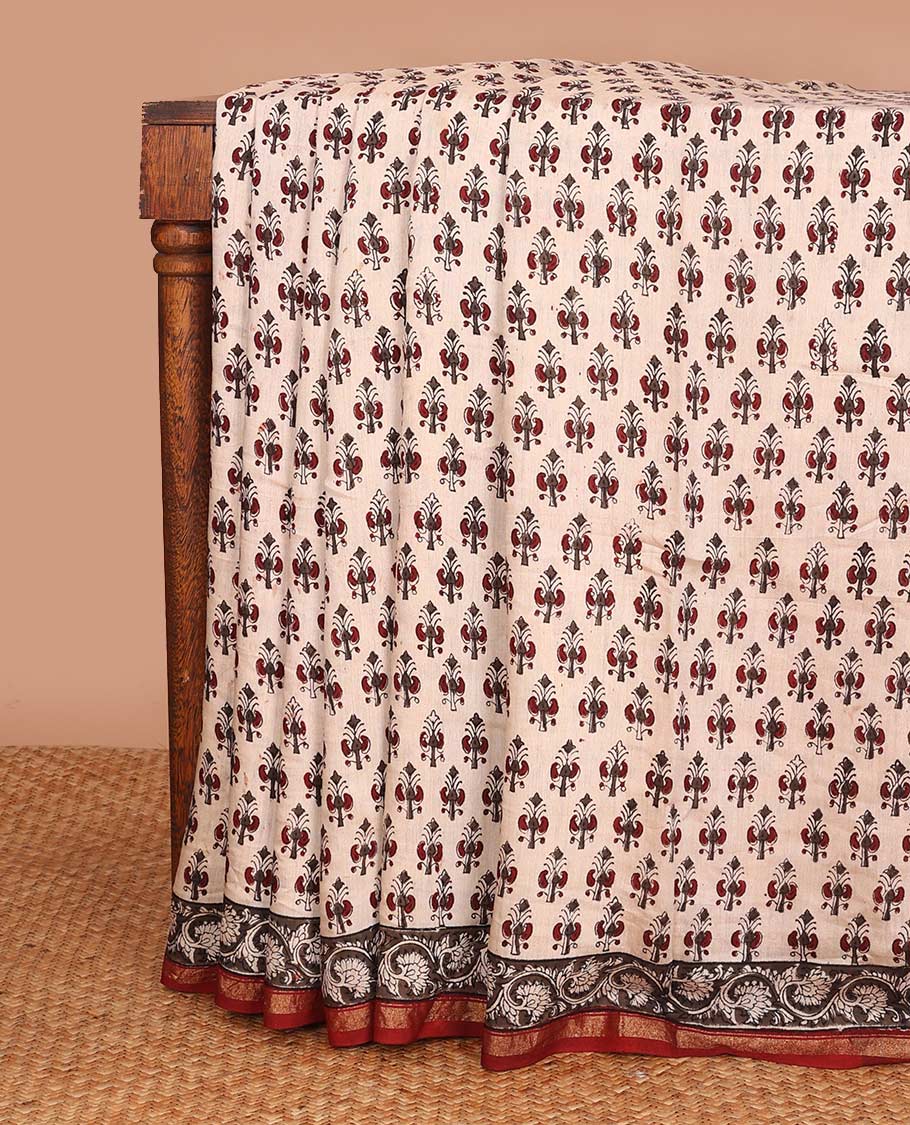 Sandal unique motifs printed mul mul cotton saree, contrast zari border, and pallu of intricate print
