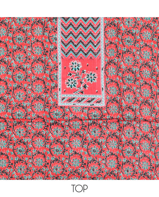 Red cotton chudidhar material set, floral printed & neck work top, plain bottom & intricately printed dupatta
