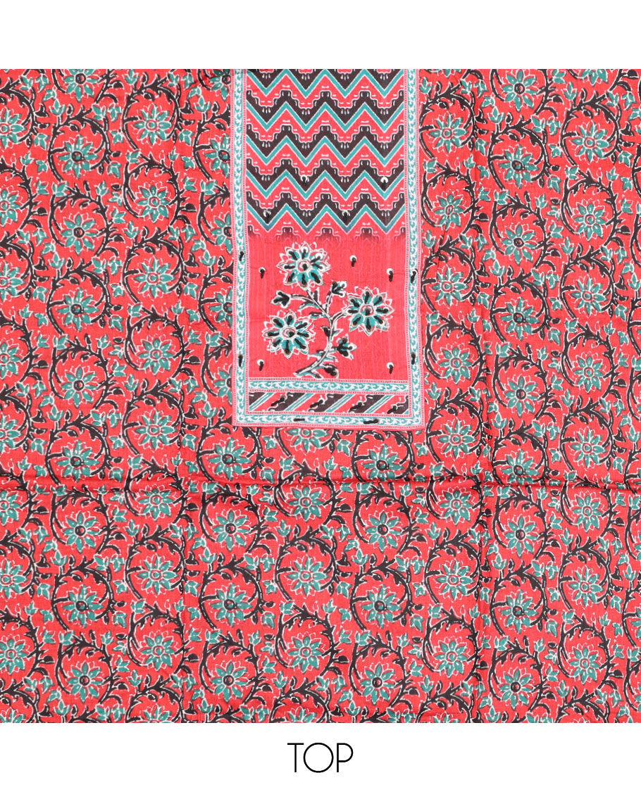 Red cotton chudidhar material set, floral printed & neck work top, plain bottom & intricately printed dupatta