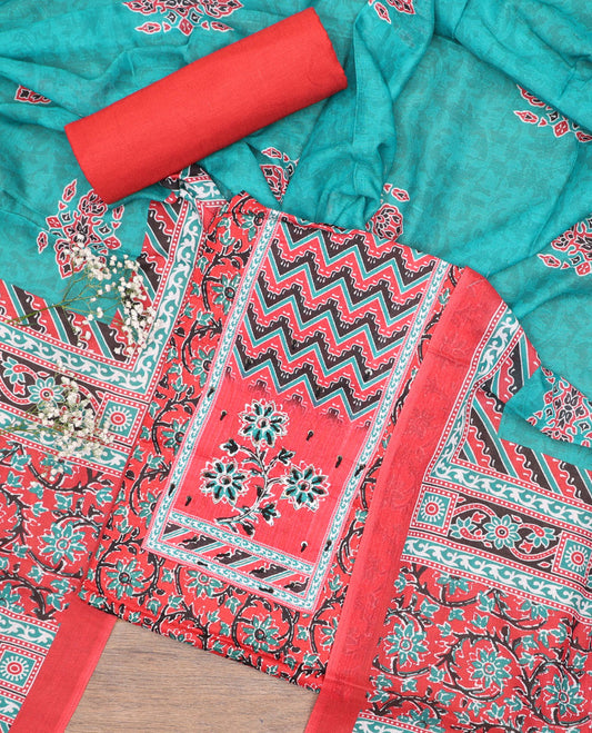 Red cotton chudidhar material set, floral printed & neck work top, plain bottom & intricately printed dupatta