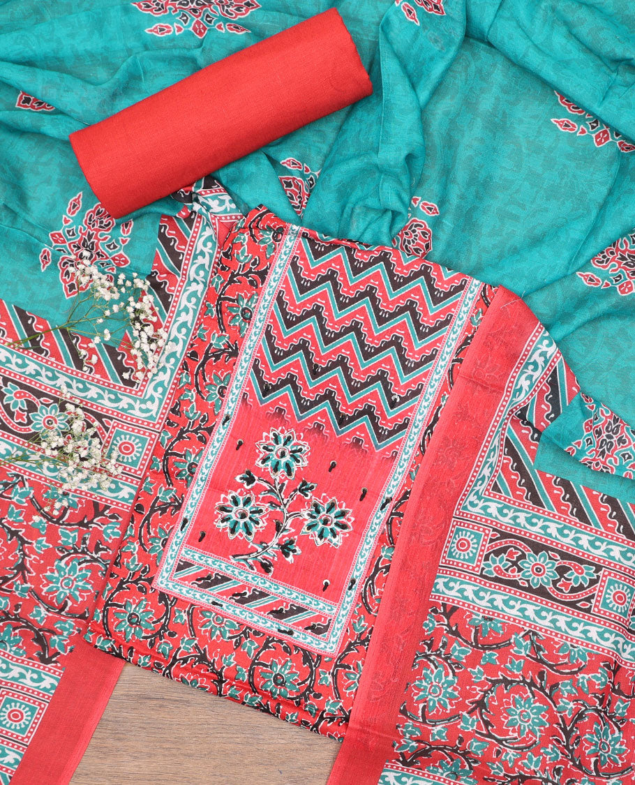 Red cotton chudidhar material set, floral printed & neck work top, plain bottom & intricately printed dupatta