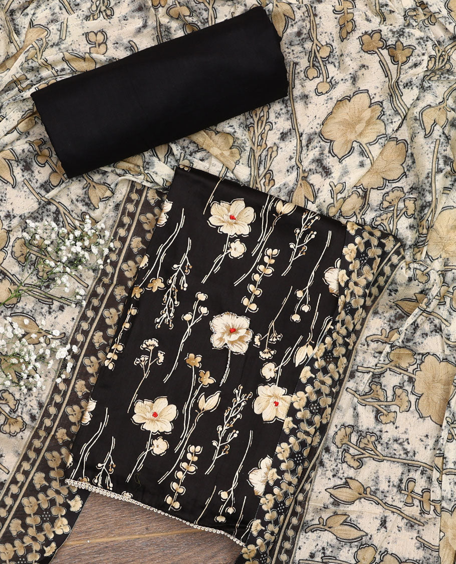 Black material chudidar set, floral motifs printed top, plain bottom, and floral printed dupatta