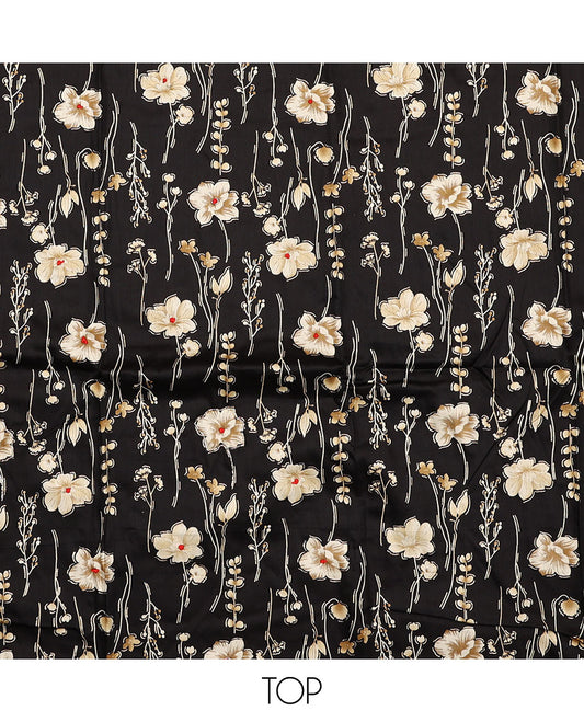 Black material chudidar set, floral motifs printed top, plain bottom, and floral printed dupatta