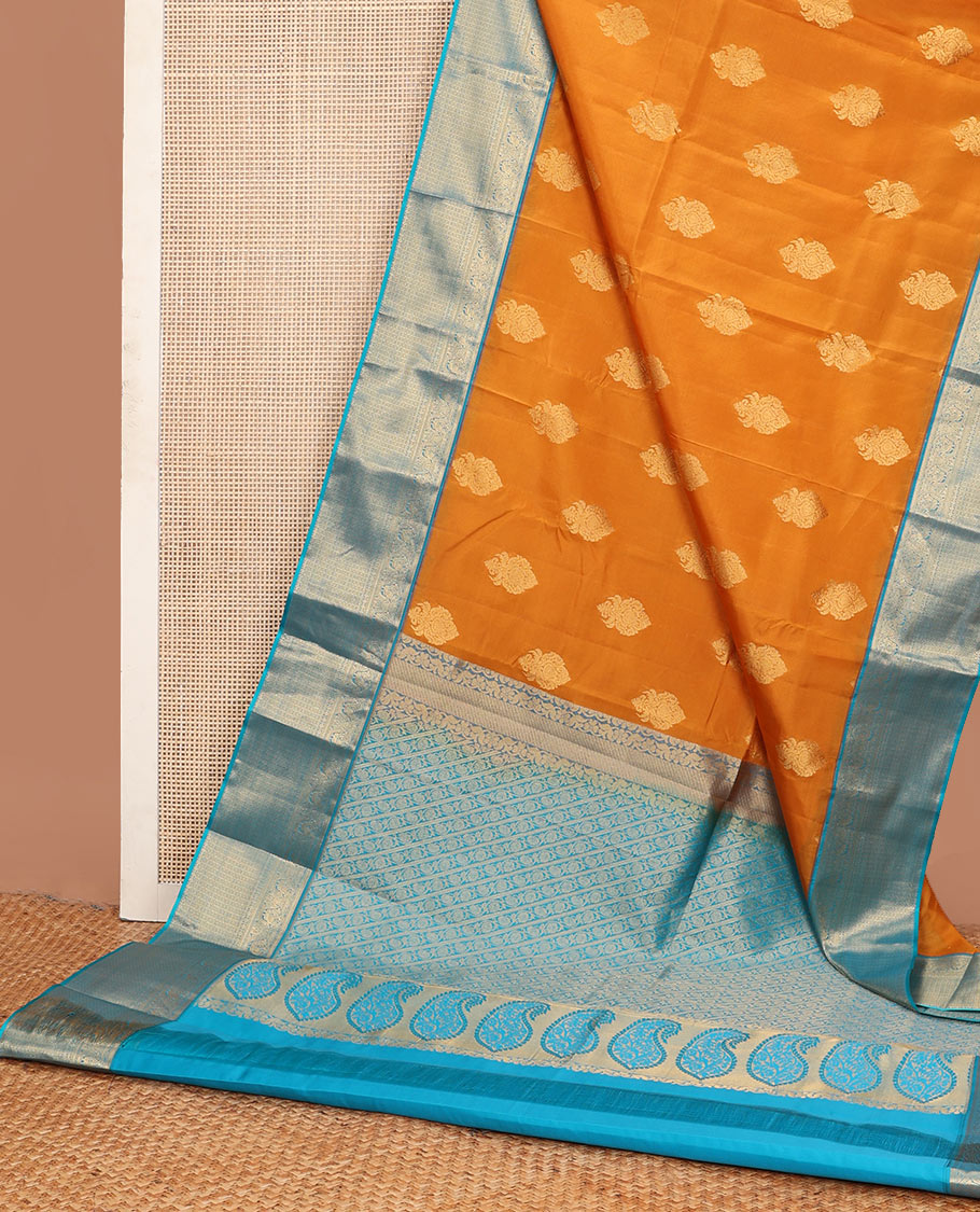 Orange zari buttas Vasundhara silk mix saree, contrast traditional zari border & pallu features diagonal kodi visiry designs