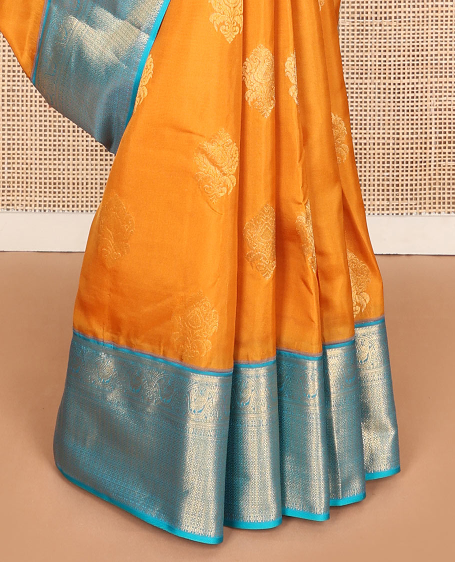 Orange zari buttas Vasundhara silk mix saree, contrast traditional zari border & pallu features diagonal kodi visiry designs