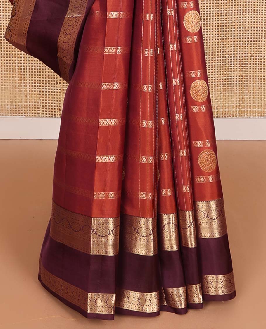 Orange zari checks and buttas Vasundhara silk mix saree, contrast rettai pettu border of rudraksham, kodi visiry and mayil designs, and scallop pallu
