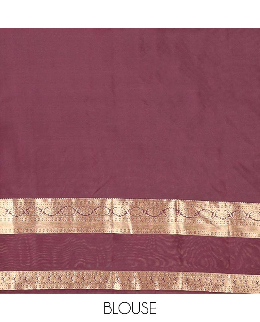 Orange zari checks and buttas Vasundhara silk mix saree, contrast rettai pettu border of rudraksham, kodi visiry and mayil designs, and scallop pallu