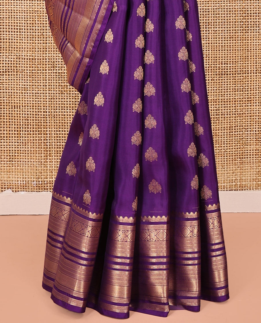 Violet Vasundhara Lite Silk Mix Saree, Elevated with Zari Buttas On Its Body, Highlighted by Rekku, Diamond, Kathir, Neli, and Mayil Kann Designs, Grandly Decked Up Pallu and Paired with a Matching Blouse