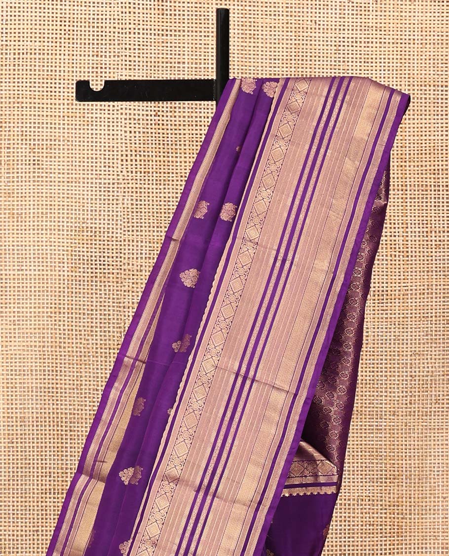 Violet Vasundhara Lite Silk Mix Saree, Elevated with Zari Buttas On Its Body, Highlighted by Rekku, Diamond, Kathir, Neli, and Mayil Kann Designs, Grandly Decked Up Pallu and Paired with a Matching Blouse