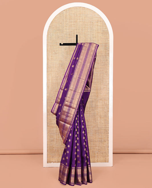 Violet Vasundhara Lite Silk Mix Saree, Elevated with Zari Buttas On Its Body, Highlighted by Rekku, Diamond, Kathir, Neli, and Mayil Kann Designs, Grandly Decked Up Pallu and Paired with a Matching Blouse