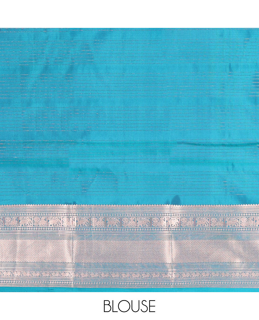 Blue Vasundhara Silk Saree Beautifully Bedecked with Medium Zari Checks, Highlighted by a Zari Border of Salngai, Mayil, Yaanai, Muthu, and Mayil Kann Designs, Delicately Woven Pallu, and Paired with a Matching Blouse
