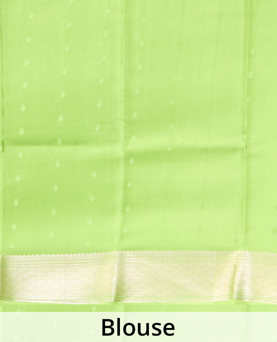 Green zari buttas & corner paisley buttas Mysore silk saree,contrast traditional zari border & paisley butta enclosed checked pallu