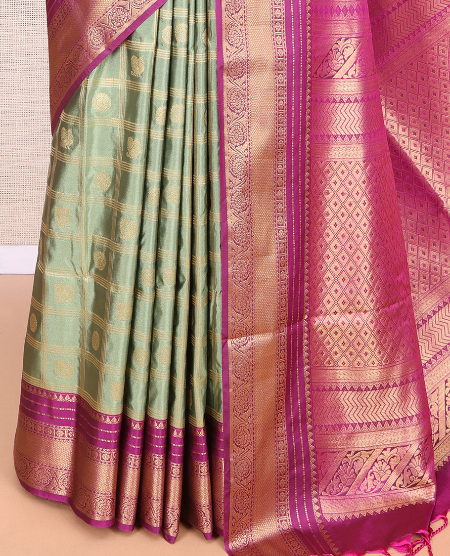 Green Peacock Chakram Butta Enclosed Checks Budget Silk Saree