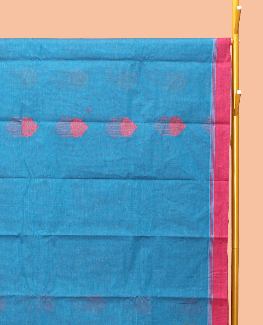 Blue Kanchi Cotton Saree, Decorated with Buttas, Complemented by a Contrast Border, Intricate Pallu, and a Matching Blouse