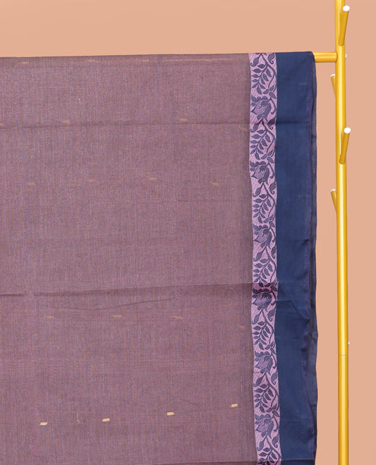 Lavender Bengal Cotton Saree Featuring Buttas, a Contrast Floral Creeper Border, a Pallu of Stripes and Buttas, and a Matching Blouse