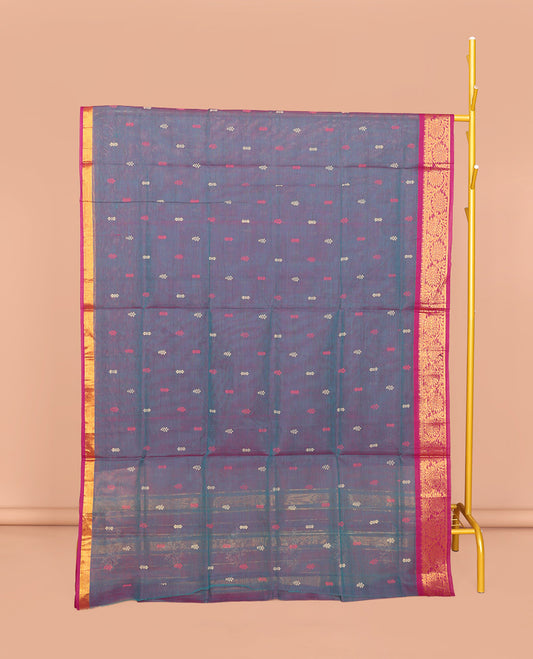 Grey Venkatagiri Cotton Saree, Adorned with Buttas, a Contrast Floral Design Zari Border, Pallu of Buttas and Stripes, and No Blouse
