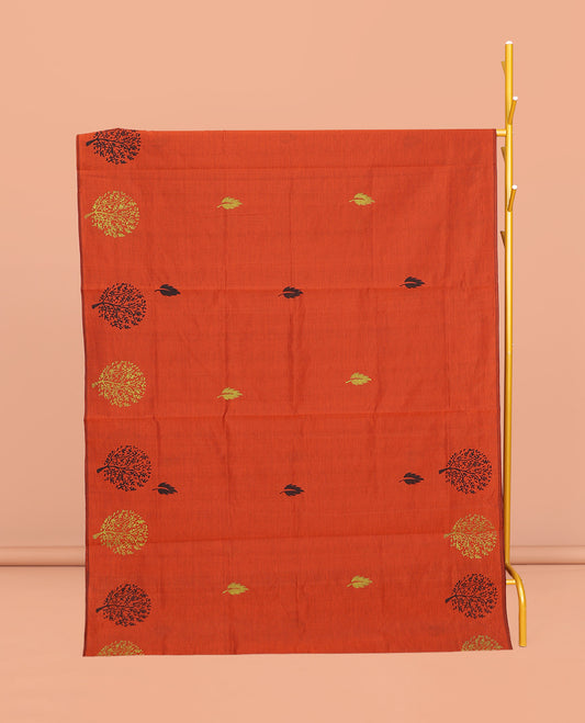 Borderless Orange Poly Cotton Saree, Graced with Leaf and Tree Motifs Print, a Self-Pallu, and a Contrast Printed Blouse