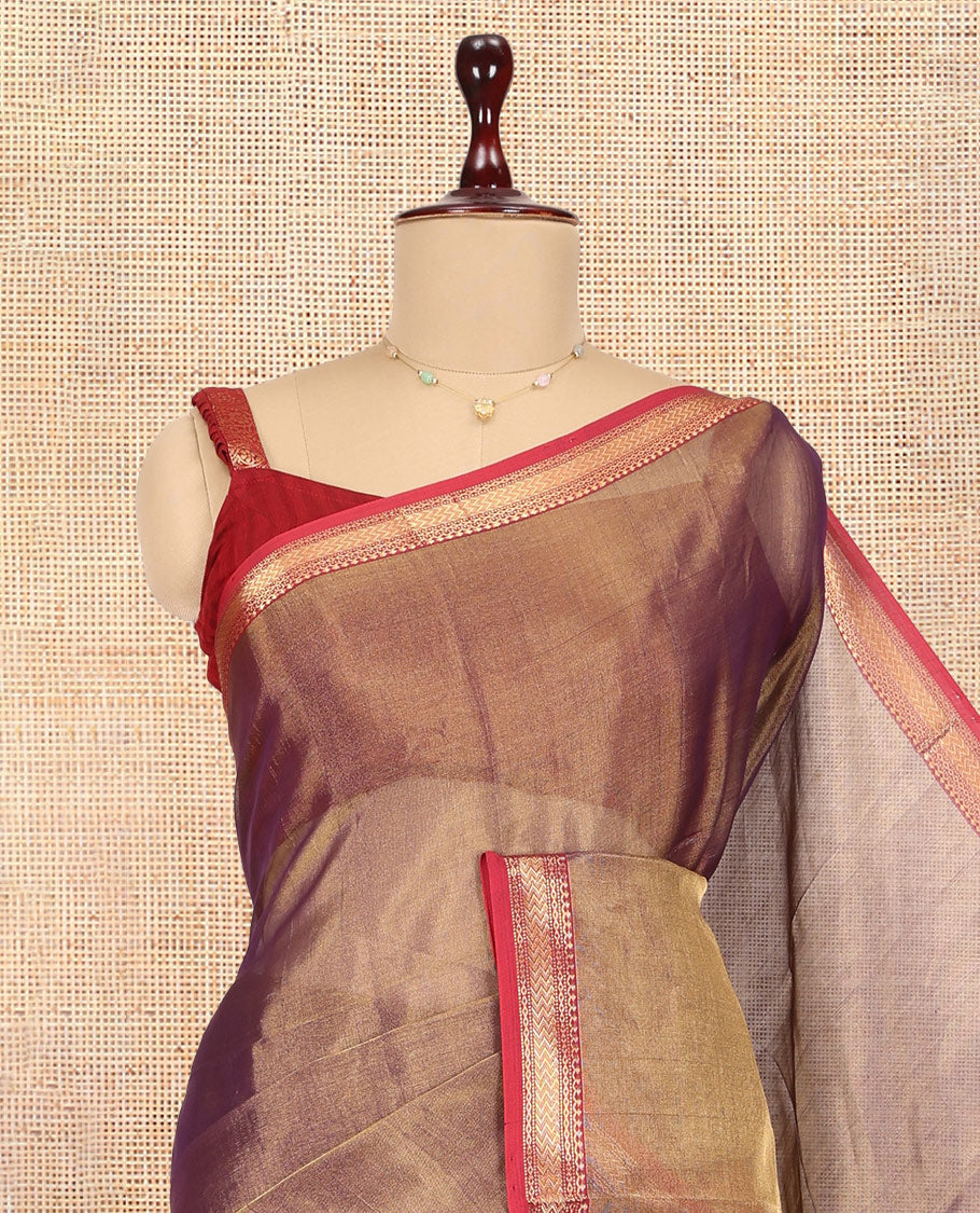 Brown Plain Maheshwari Cotton Saree, a Contrast Traditional Zari Border, Pallu of Zari Stripes, and a Matching Blouse