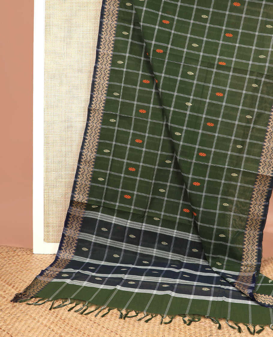 Green checked Venkatagiri cotton saree with buttas, temple & chevron border & contrast pallu of stripes & buttas