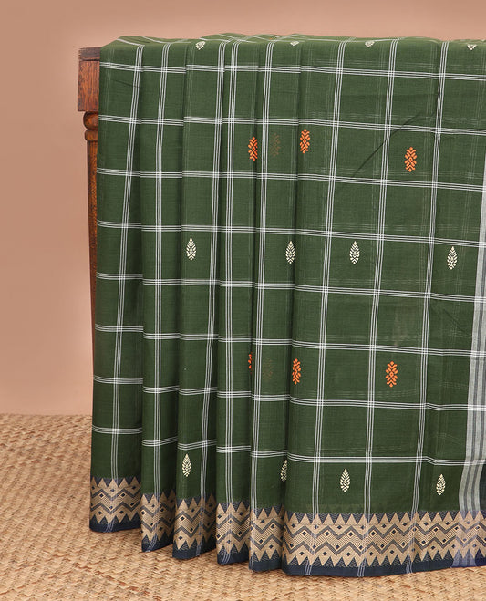 Green checked Venkatagiri cotton saree with buttas, temple & chevron border & contrast pallu of stripes & buttas