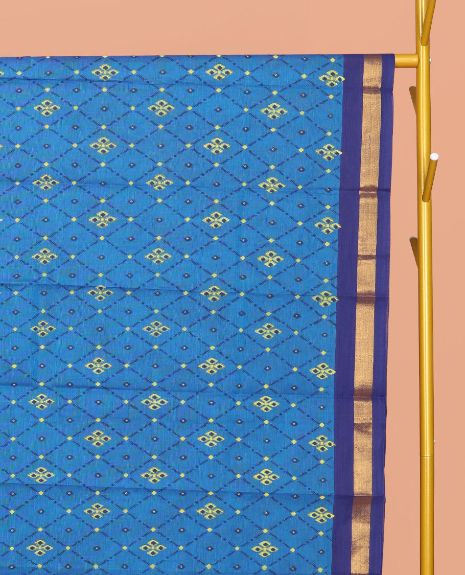Blue Chirala Cotton Saree, Accentuated with an Argyle Design, a Contrast Zari Border, Contrast Peacock Pallu, and a Contrast Blouse