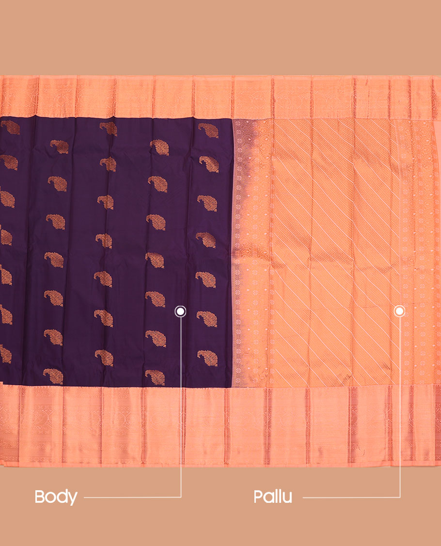 Purple Budget Silk Saree, Ornamented with Paisley Buttas All Over Its Body, Complemented by a Contrast Traditional Zari Design Border, Diagonally Striped Pallu, and Paired with a Contrast Blouse