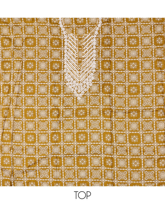 Mustard Material Chudidar Set, Elevated with Intricately Printed and Neck Embroidery on Rayon Top, a Contrast Polka Dot Printed Bottom, and Paired with Embroidered Chiffon Dupatta