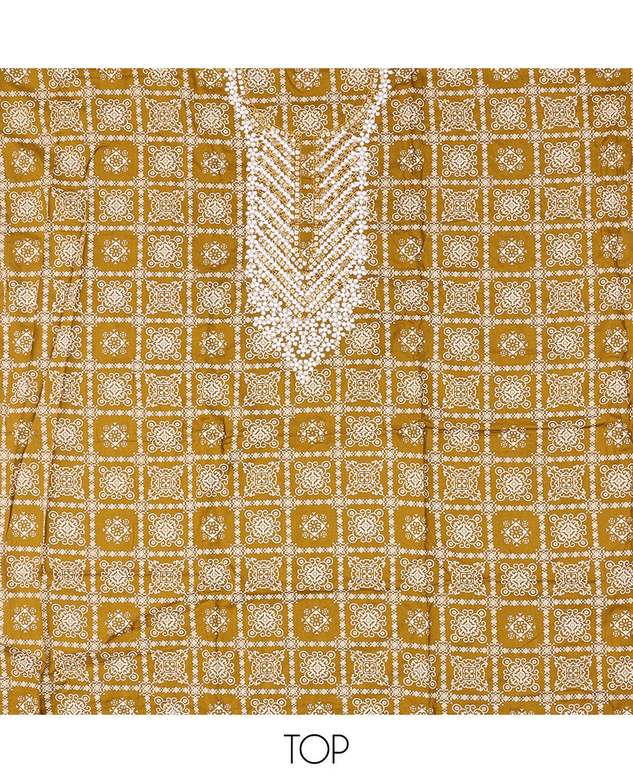 Mustard Material Chudidar Set, Elevated with Intricately Printed and Neck Embroidery on Rayon Top, a Contrast Polka Dot Printed Bottom, and Paired with Embroidered Chiffon Dupatta