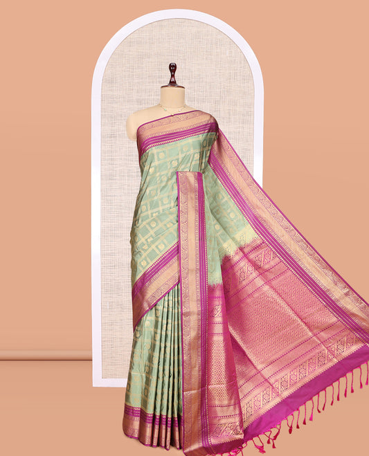 Green Peacock Chakram Butta Enclosed Checks Budget Silk Saree