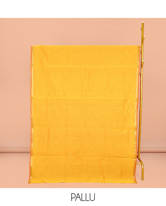 Yellow Maheshwari Cotton Saree, Sparsely Woven with Buttas All Over Its Body, Subtle Zari Piping Border, Complemented by a Contrast Pallu Steeped with Buttas, and Paired with a Contrast Blouse