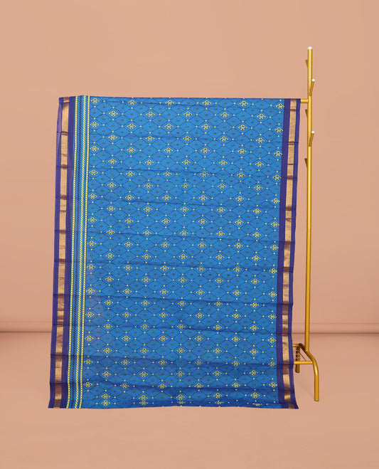 Blue Chirala Cotton Saree, Accentuated with an Argyle Design, a Contrast Zari Border, Contrast Peacock Pallu, and a Contrast Blouse