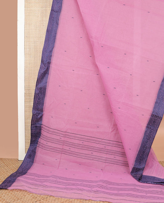 Pink motifs bengal cotton saree with contrast floral design border & striped, motifs pallu