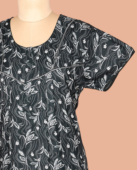 Green Floral Print Cotton-Blended Nighty