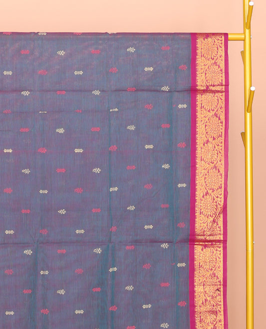 Grey Venkatagiri Cotton Saree, Adorned with Buttas, a Contrast Floral Design Zari Border, Pallu of Buttas and Stripes, and No Blouse