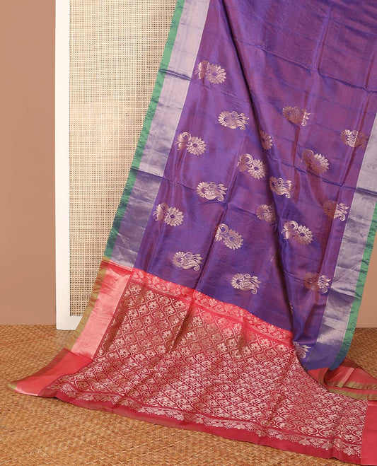 Purple floral motifs uppada saree with contrast zari border & ogee design pallu
