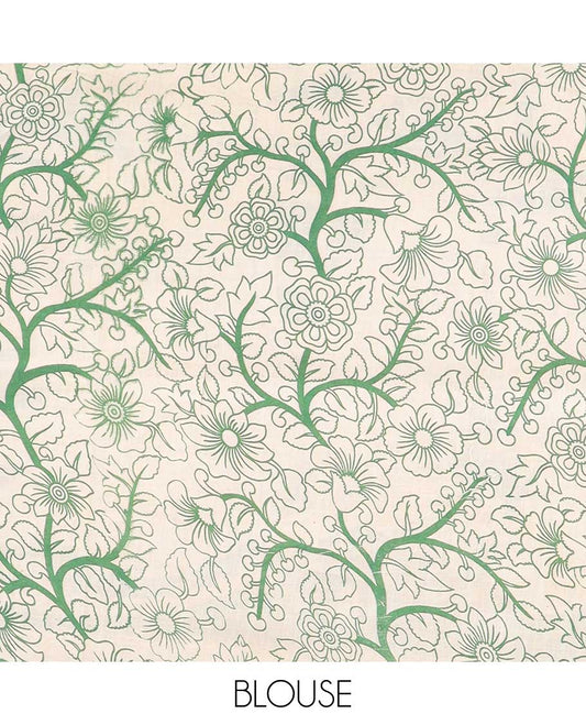 Green geometric machine-printed kalamkari cotton saree, diamond border & God Krishna Radha motifs pallu