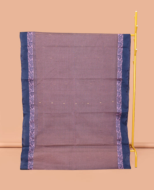 Lavender Bengal Cotton Saree Featuring Buttas, a Contrast Floral Creeper Border, a Pallu of Stripes and Buttas, and a Matching Blouse