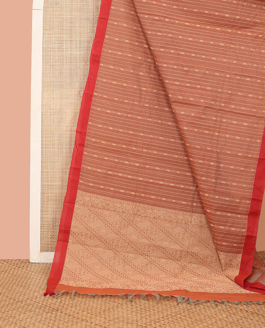 Peach Kanchi Cotton Saree, Detailed with Thread Stripes All Over Its Body, Complemented by Contrast Border, Pallu Featuring Geometric Designs, and Paired with a Matching Blouse
