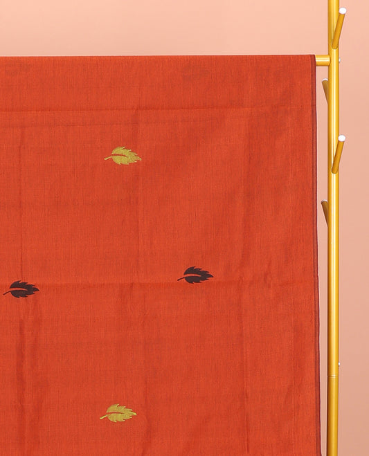 Borderless Orange Poly Cotton Saree, Graced with Leaf and Tree Motifs Print, a Self-Pallu, and a Contrast Printed Blouse