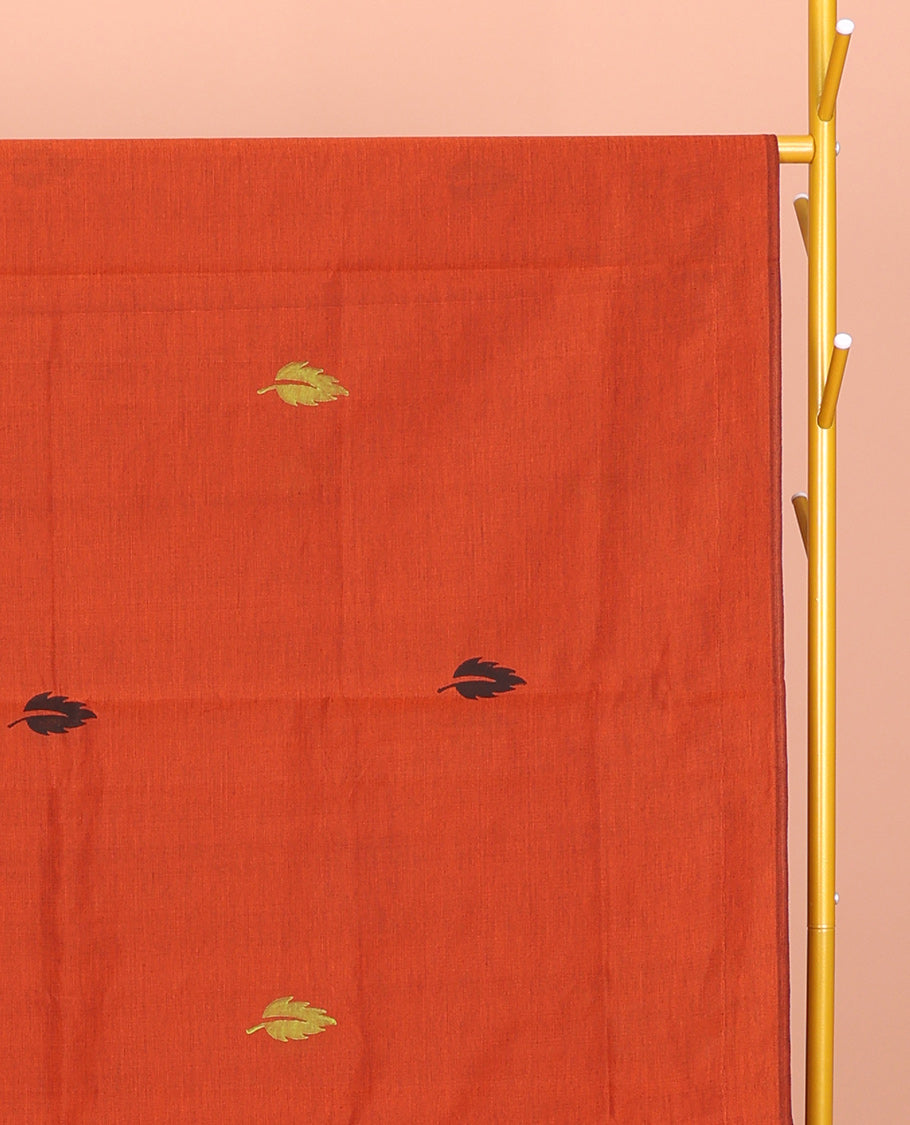 Borderless Orange Poly Cotton Saree, Graced with Leaf and Tree Motifs Print, a Self-Pallu, and a Contrast Printed Blouse