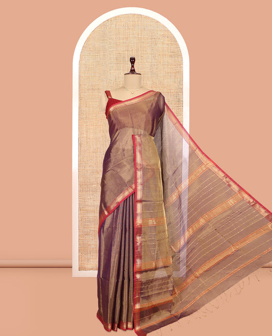 Brown Plain Maheshwari Cotton Saree, a Contrast Traditional Zari Border, Pallu of Zari Stripes, and a Matching Blouse