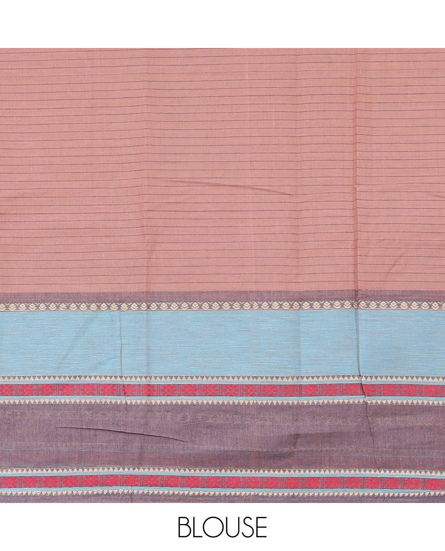 Brown Chirala Cotton Saree, Subtly Printed with Stripes All Over Its Body, Complemented by a Contrast Traditional Thread Design Border, Subtly Checked Pallu, and Paired with a Matching Blouse