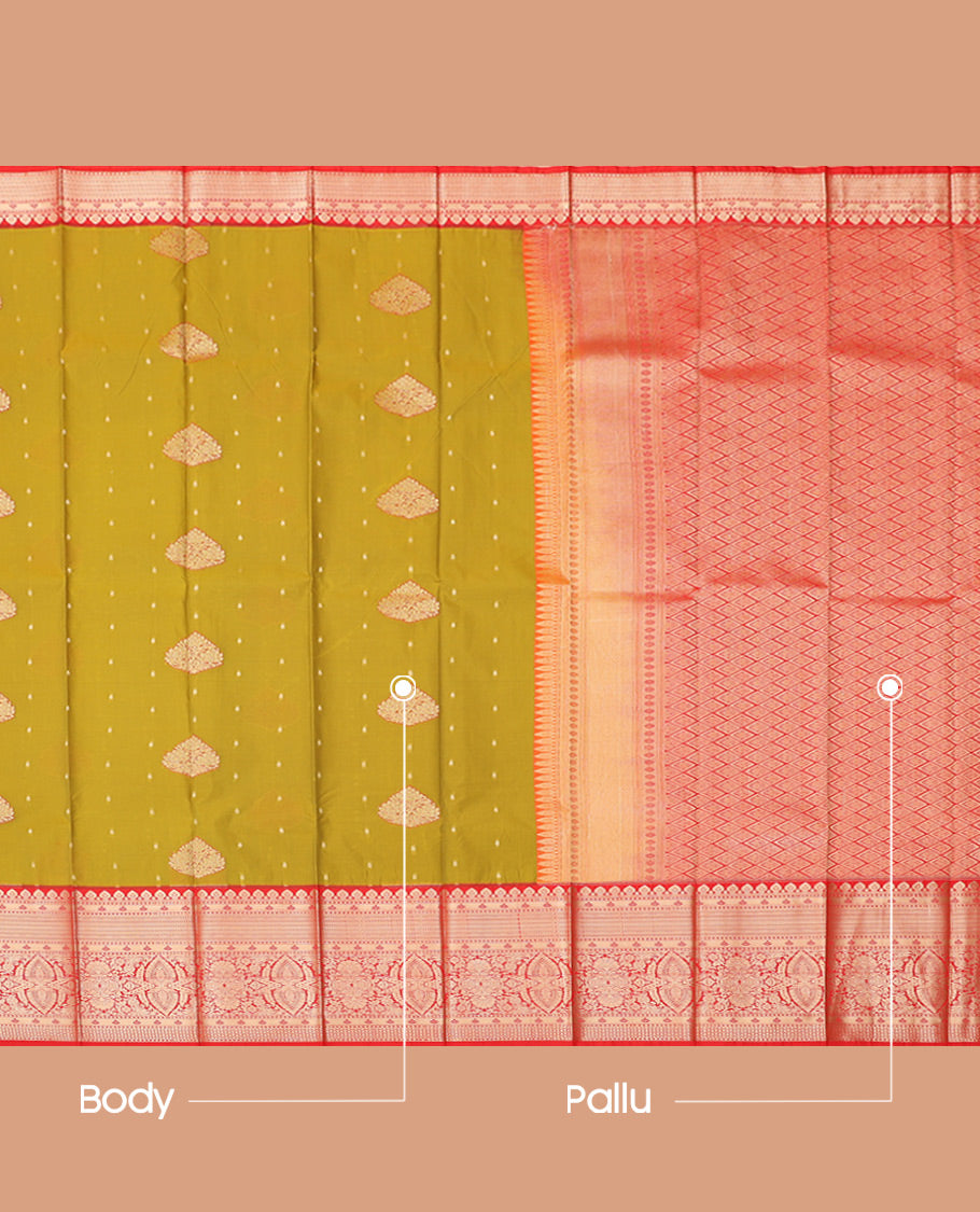 Green Budget Silk Saree, Styled with Zari Buttas, Complemented by Contrast Traditional  Zari Border, a Grand Jaal Pallu and a Contrast Blouse