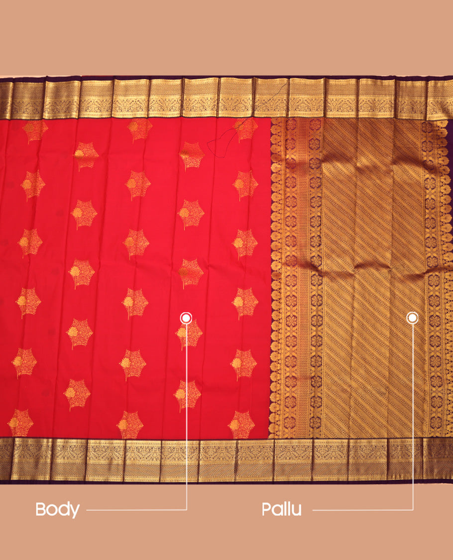 Red Budget Silk Saree, Accentuated with Zari Buttas, Complemented by Contrast Traditional Zari Border, Grand Pallu, and a Contrast Blouse