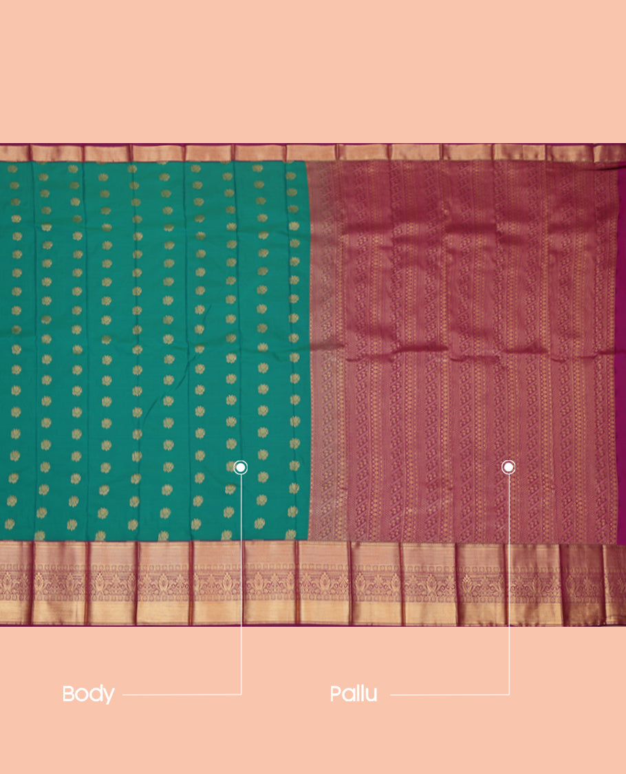Green Budget Silk Saree, Steeped with Zari Buttas, Complemented by a Contrast Traditional Zari Border, Grand Pallu, and a Contrast Blouse