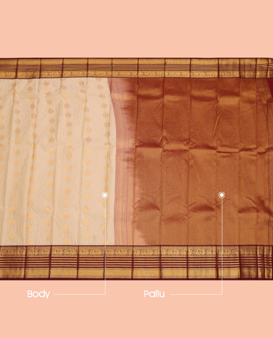 Beige Budget Silk Saree, Sparsely Threaded with Zari Buttas, Contrast Traditional Zari Border, Grand Jaal Pallu, and a Contrast Blouse