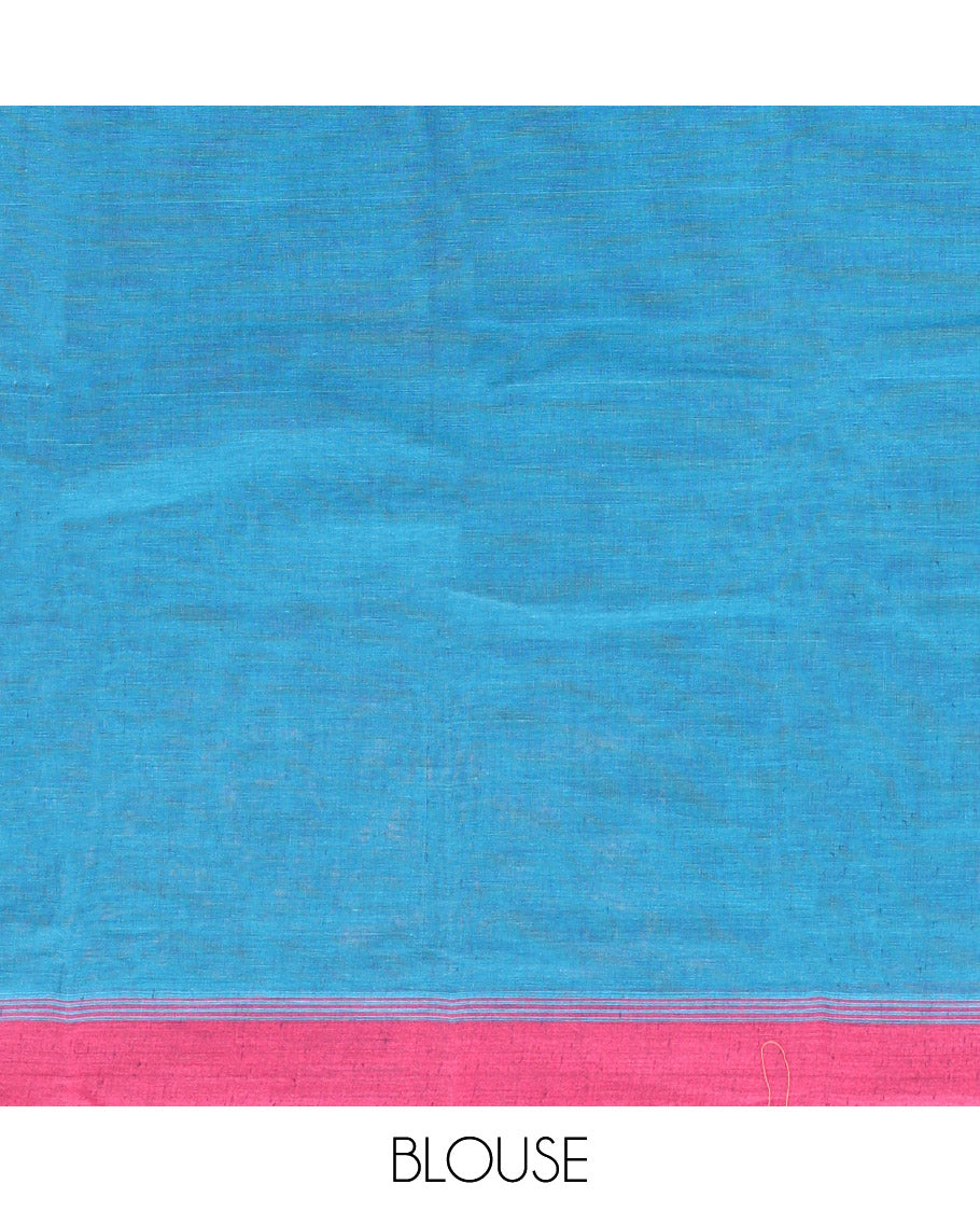Blue Kanchi Cotton Saree, Decorated with Buttas, Complemented by a Contrast Border, Intricate Pallu, and a Matching Blouse